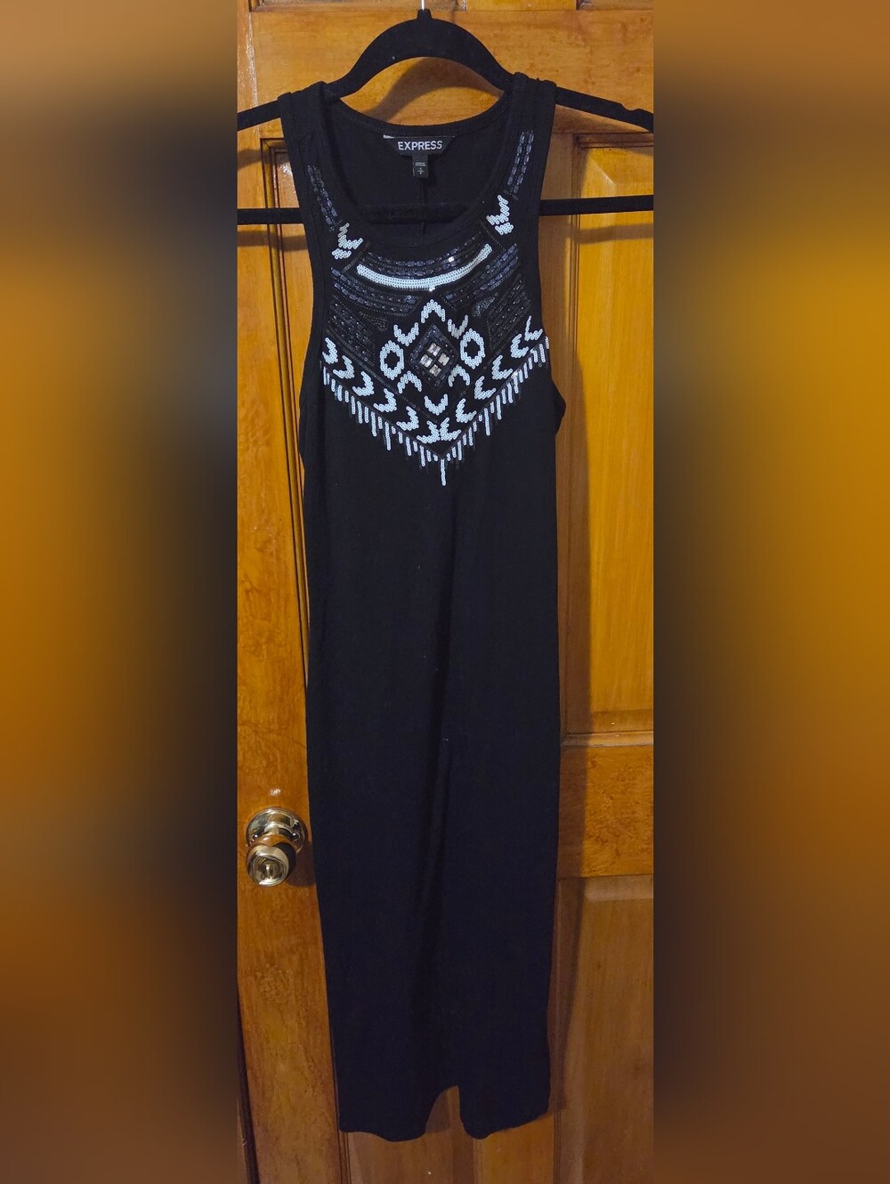 Express Black Maxi Dress with White Beaded Yoke Accent